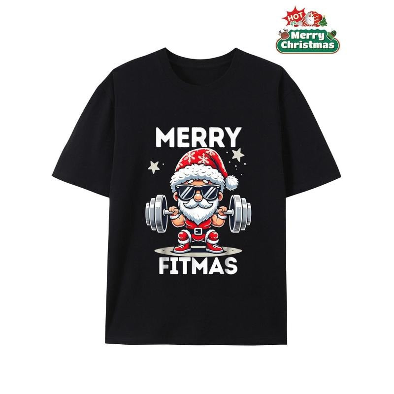 Men's Funny Gym Christmas T-Shirt - Santa Claus Workout Tee with MERRY FITMAS Slogan, Santa Lifting Weights & MERRY FITMAS Print - Black Holiday Party & Gym Wear, Year-Round Breathable Shirt for Fitness Enthusiasts (Regular Fit)