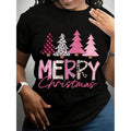 Merry Christmas T-Shirt For Women - Festive Plaid And Leopard Print Trees Design, Holiday Seasonal Graphic Tee, Cute Christmas Shirt For Xmas Party, Gift Idea For Women