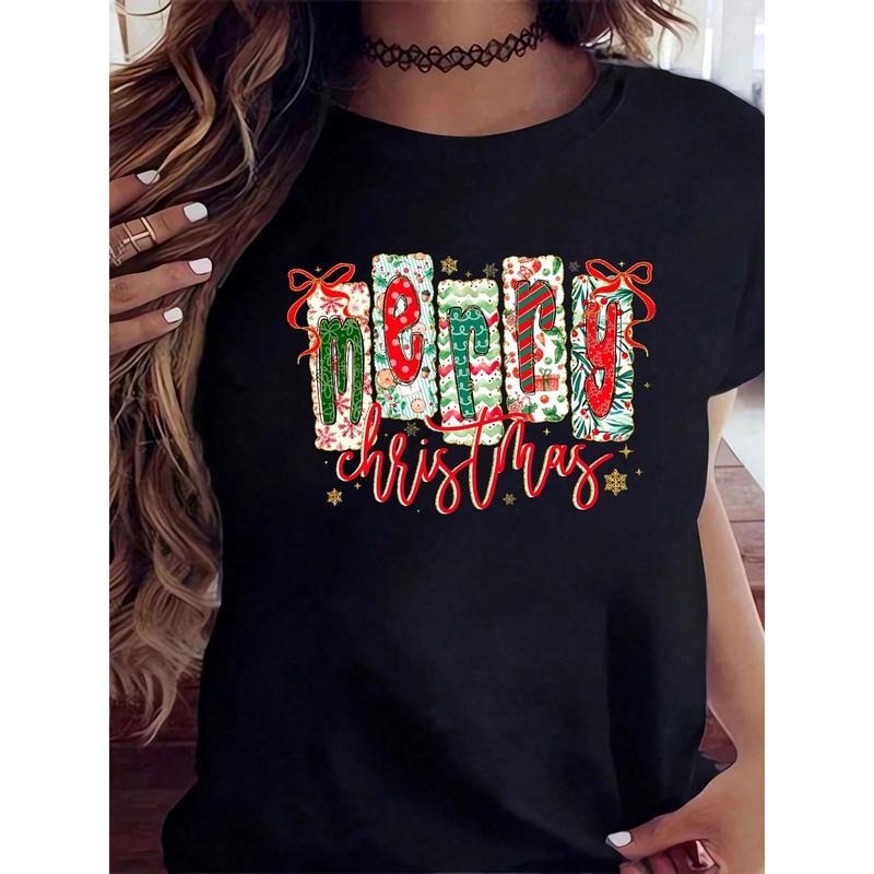 Merry Christmas T-Shirt Women's Festive Holiday Gift Box Design Christmas Sweater Top For Xmas Party Celebration Seasonal Outfit