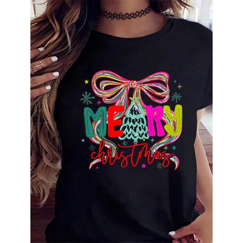 Merry Christmas T-Shirt Women's Festive Holiday Graphic Tee With Colorful Bow And Tree Design, Cute Xmas Top For Christmas Party, Gift For Women, Seasonal Fashion Shirt,220g