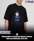 Michael Myers wearing New Orleans Pelicans NBA scary Halloween 2025 shirt