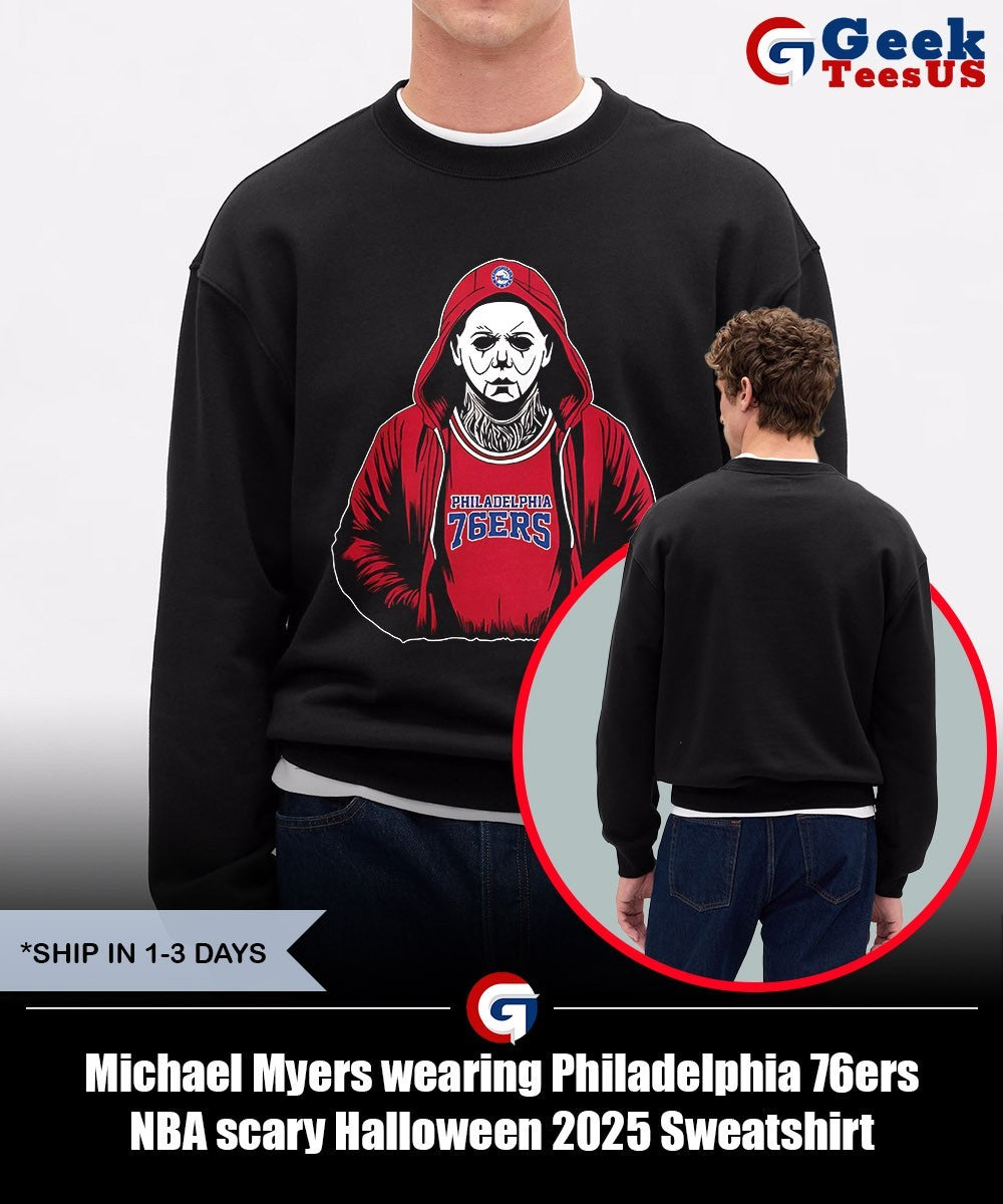 Michael Myers wearing Philadelphia 76ers NBA scary Halloween 2025 shirt