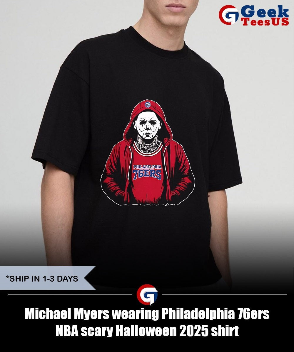 Michael Myers wearing Philadelphia 76ers NBA scary Halloween 2025 shirt