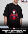 Michael Myers wearing Philadelphia 76ers NBA scary Halloween 2025 shirt