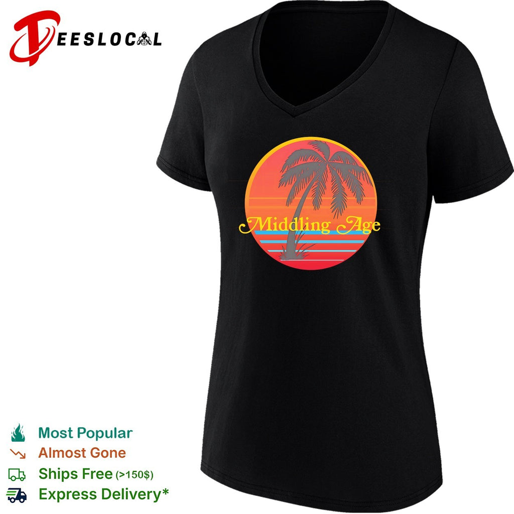 Middling Age band logo with retro sunset gradient and swaying palm tree silhouette shirt