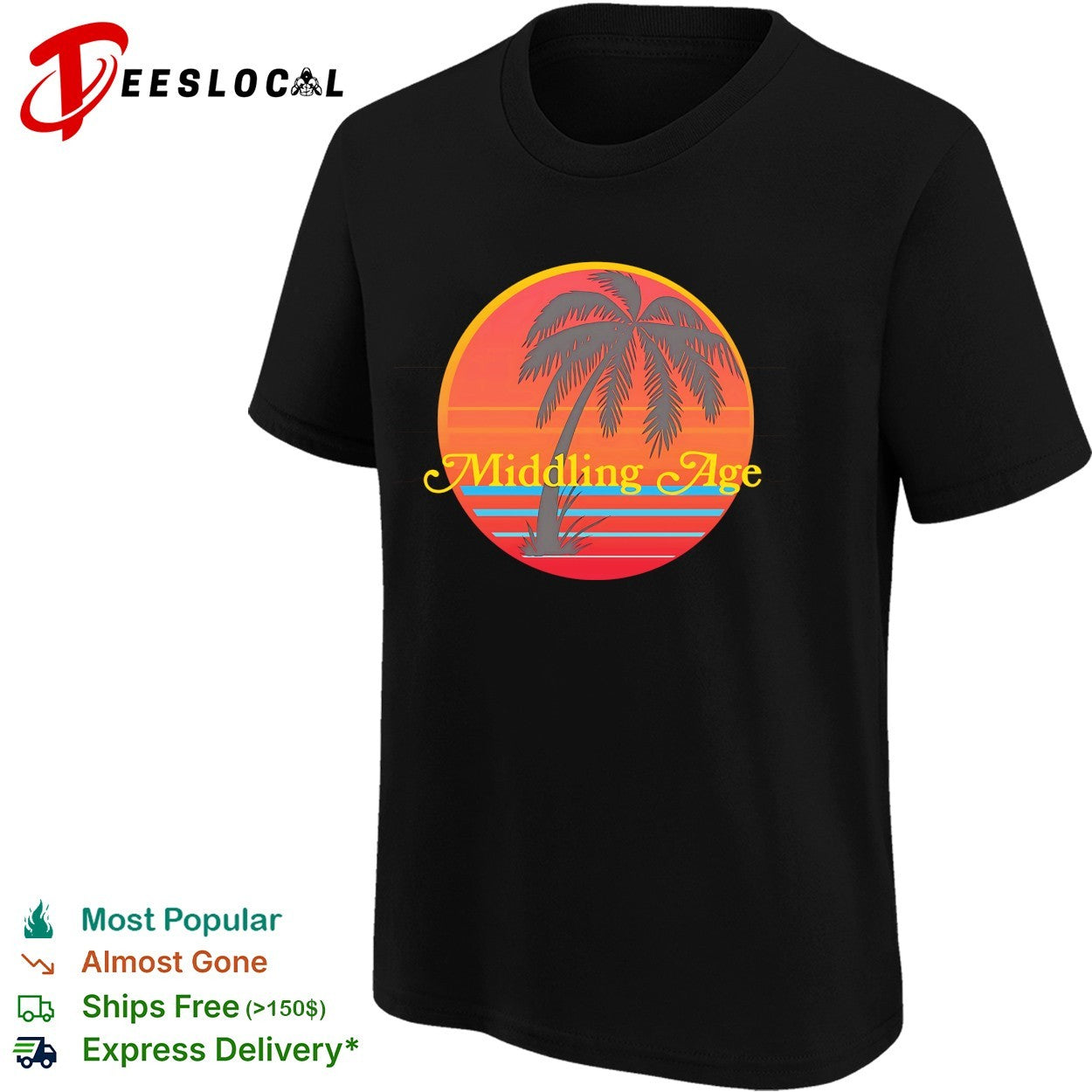 Middling Age band logo with retro sunset gradient and swaying palm tree silhouette shirt
