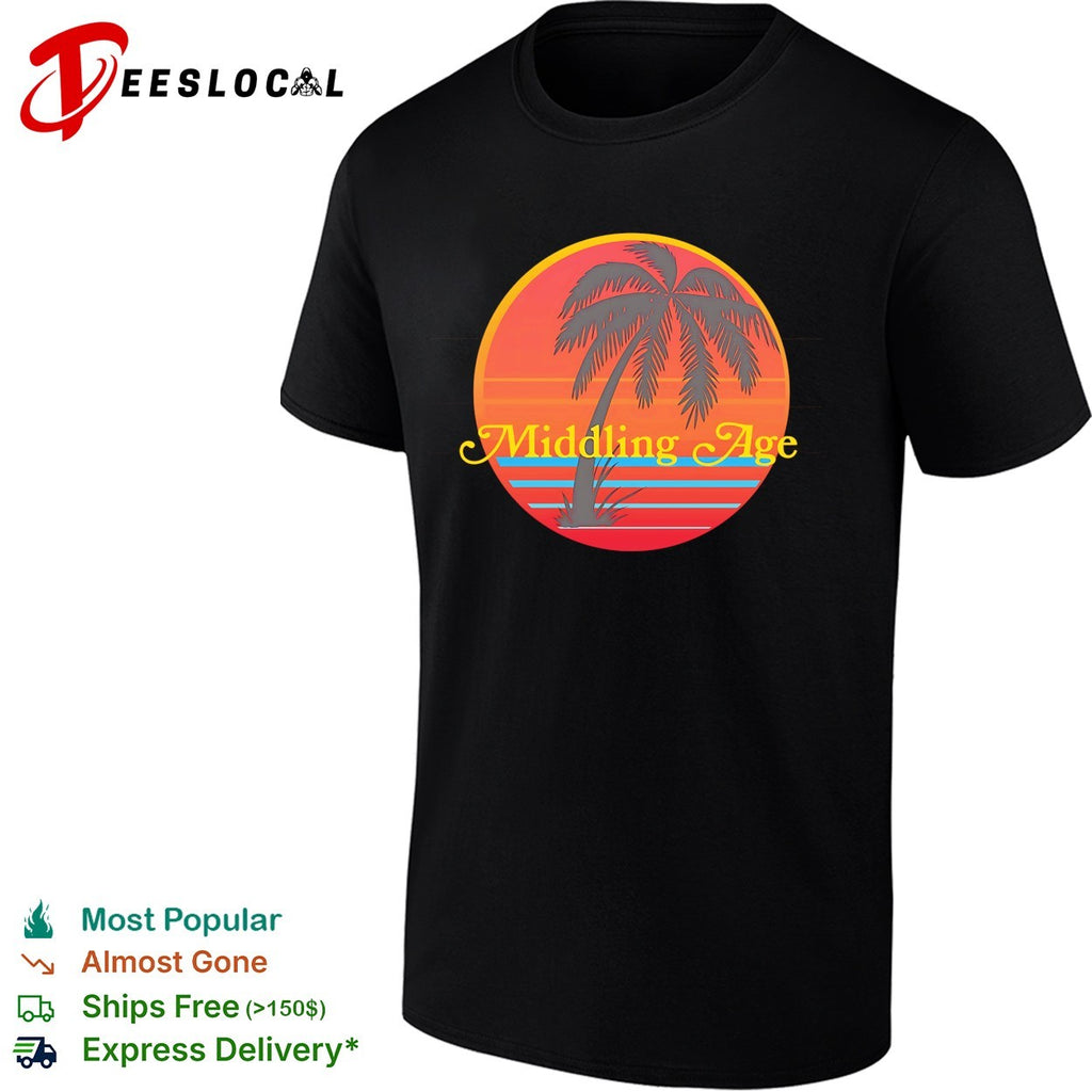 Middling Age band logo with retro sunset gradient and swaying palm tree silhouette shirt