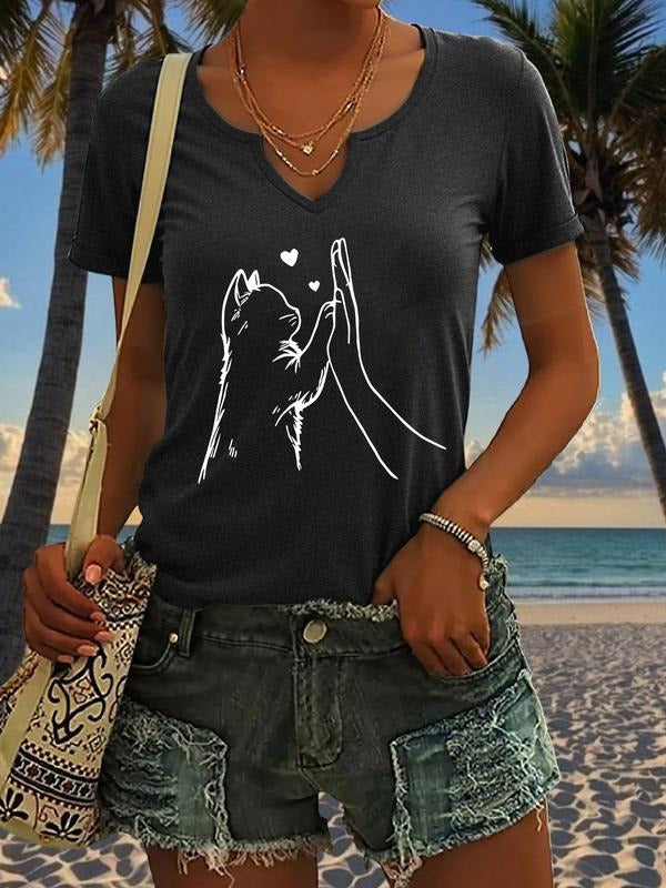 Minimalist Cat and Human High Five Print T-Shirt, Stylish Casual Summer V-Neck Short Sleeve Top for Women, Trendy Fashion Apparel