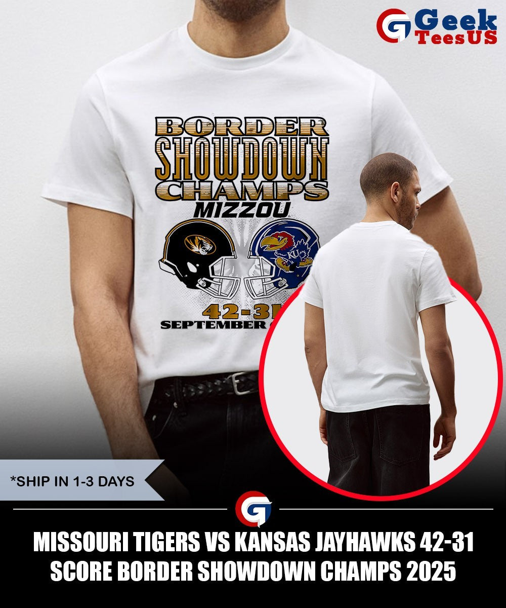 Missouri Tigers vs Kansas Jayhawks 42-31 score Border Showdown Champs 2025 helmet shirt