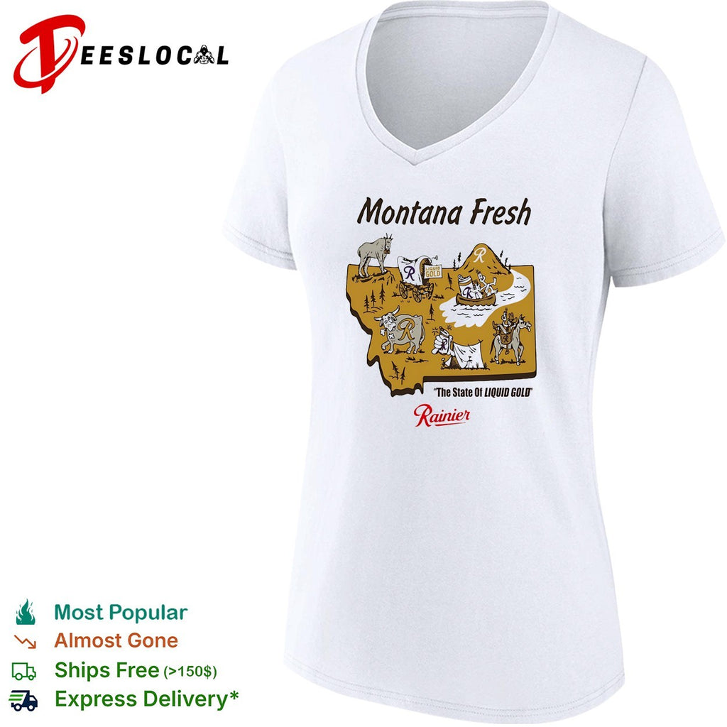 Montana fresh Rainier beer state map with goat bear canoe bull and cowboy shirt