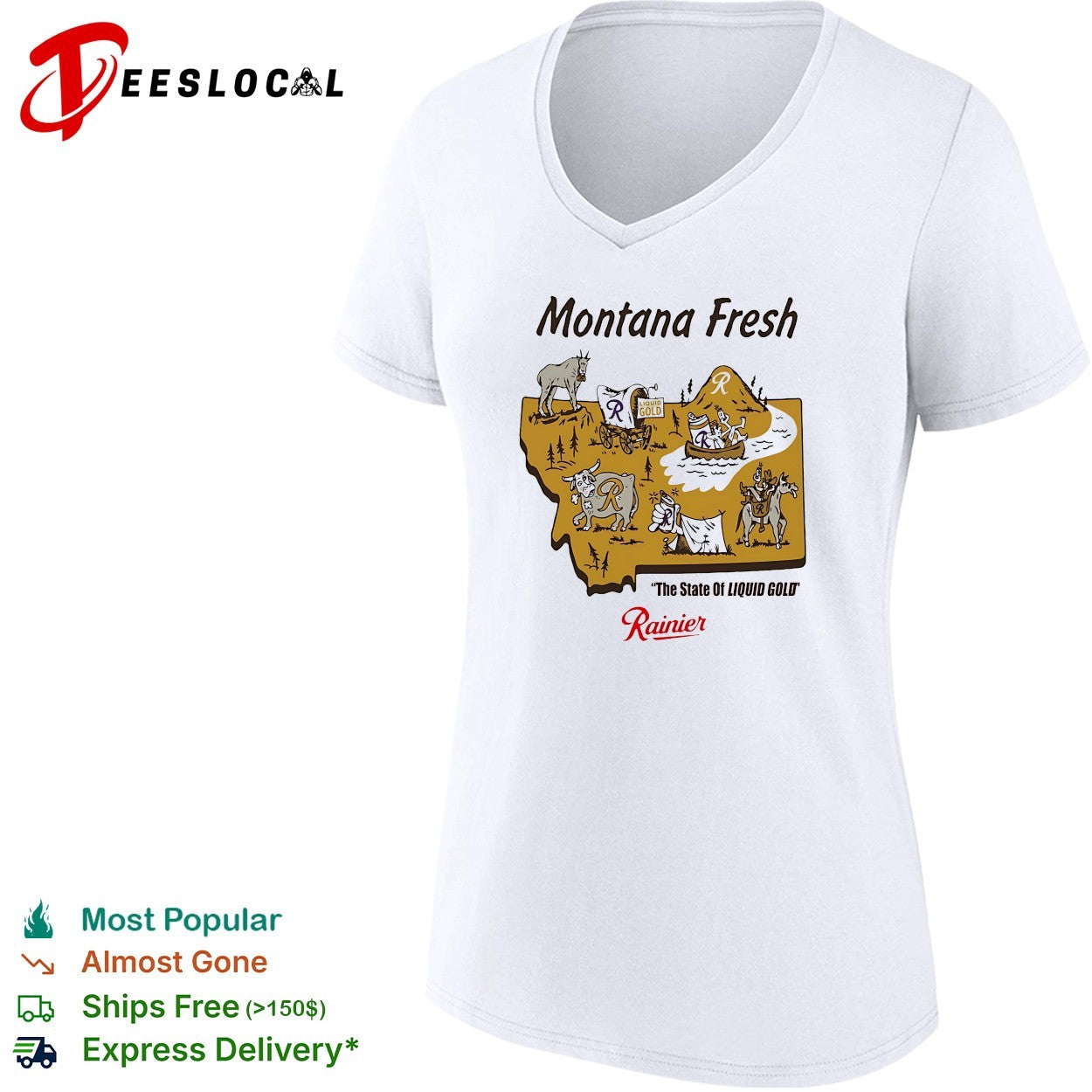 Montana fresh Rainier beer state map with goat bear canoe bull and cowboy shirt