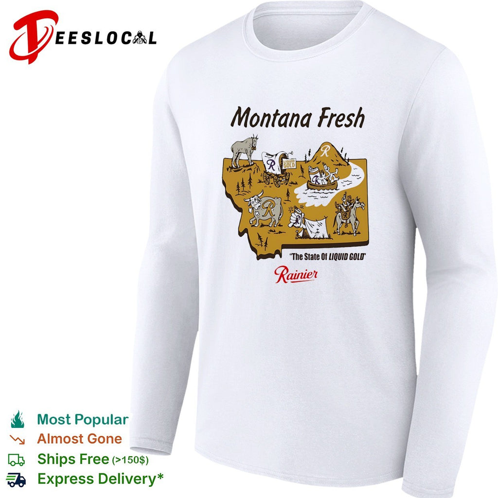 Montana fresh Rainier beer state map with goat bear canoe bull and cowboy shirt