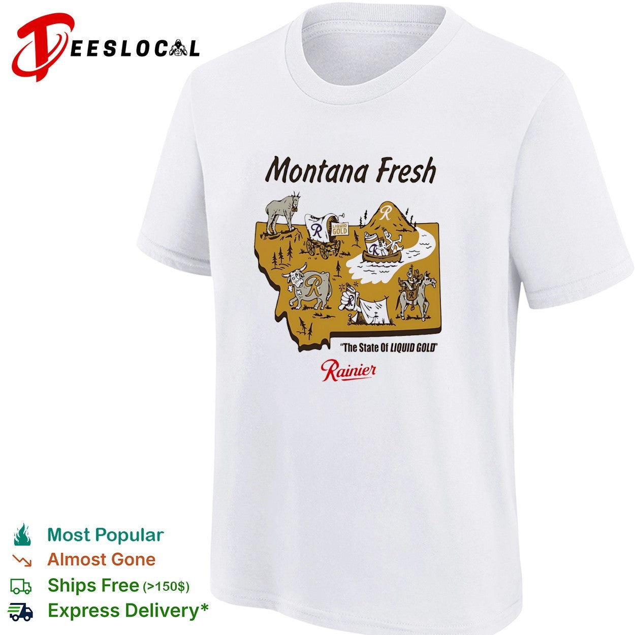 Montana fresh Rainier beer state map with goat bear canoe bull and cowboy shirt