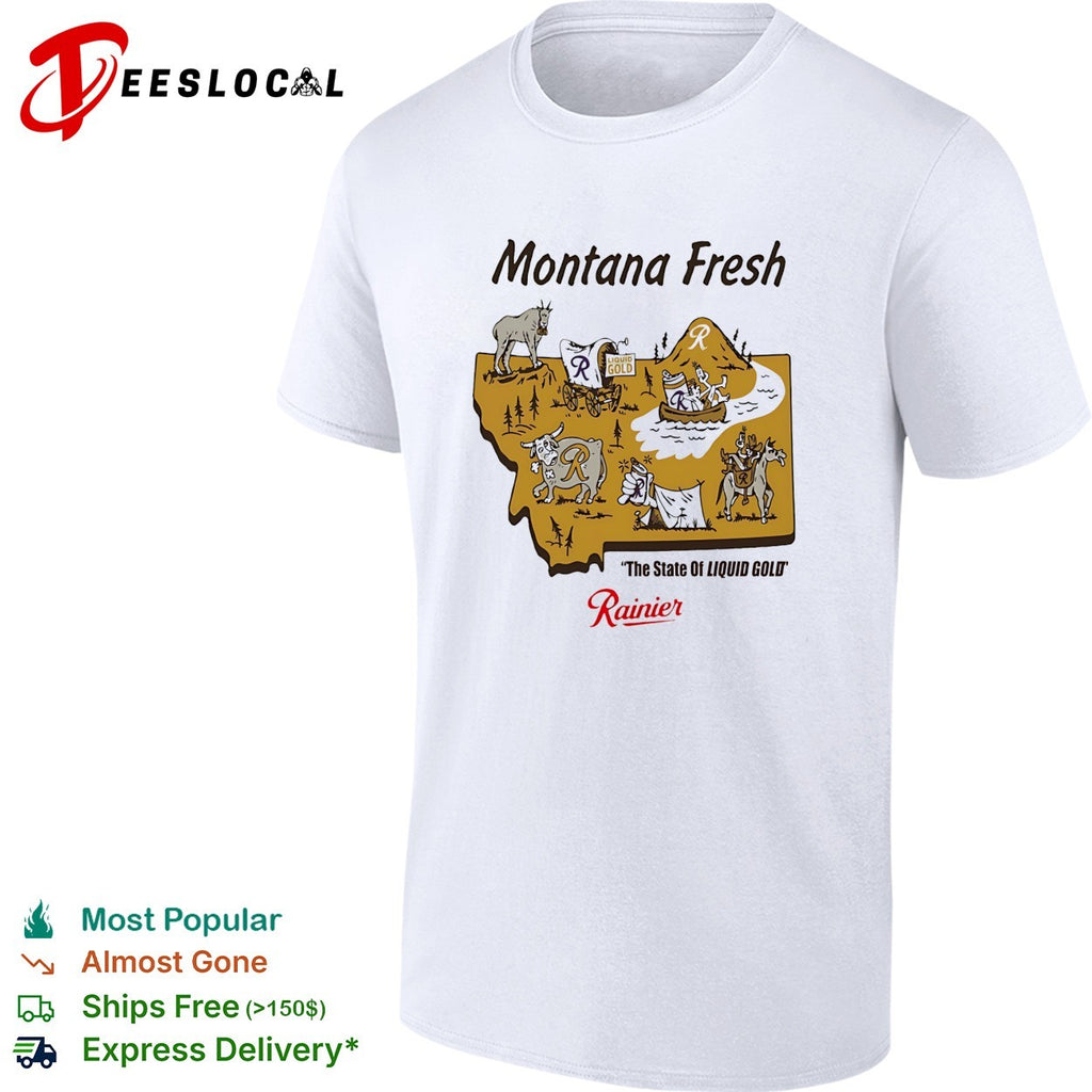 Montana fresh Rainier beer state map with goat bear canoe bull and cowboy shirt