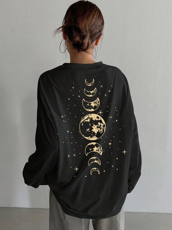 Moon Print Loose Fit T-Shirt, Y2K Minimalist Long Sleeve Tee, Casual Retro Style, Unique Streetwear Choice, Comfortable Thin Fabric