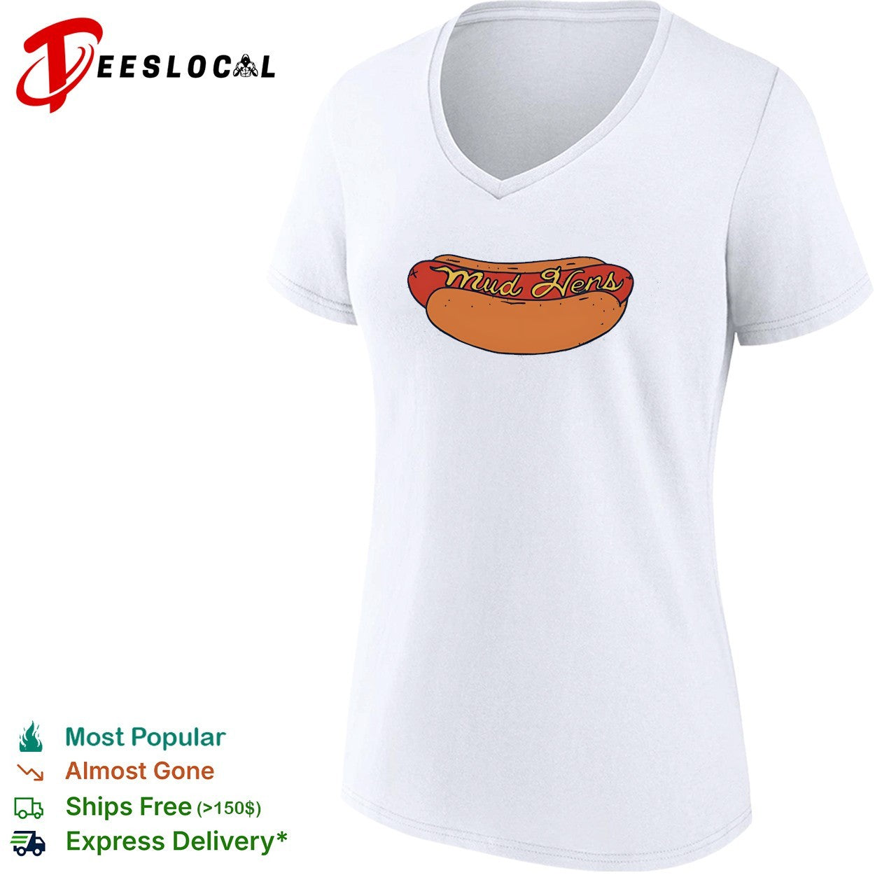 Mud Hens footlong hot dog cursive lettering baseball team mascot badge logo shirt