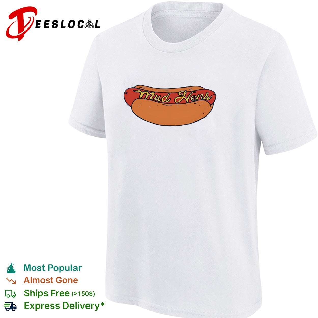 Mud Hens footlong hot dog cursive lettering baseball team mascot badge logo shirt