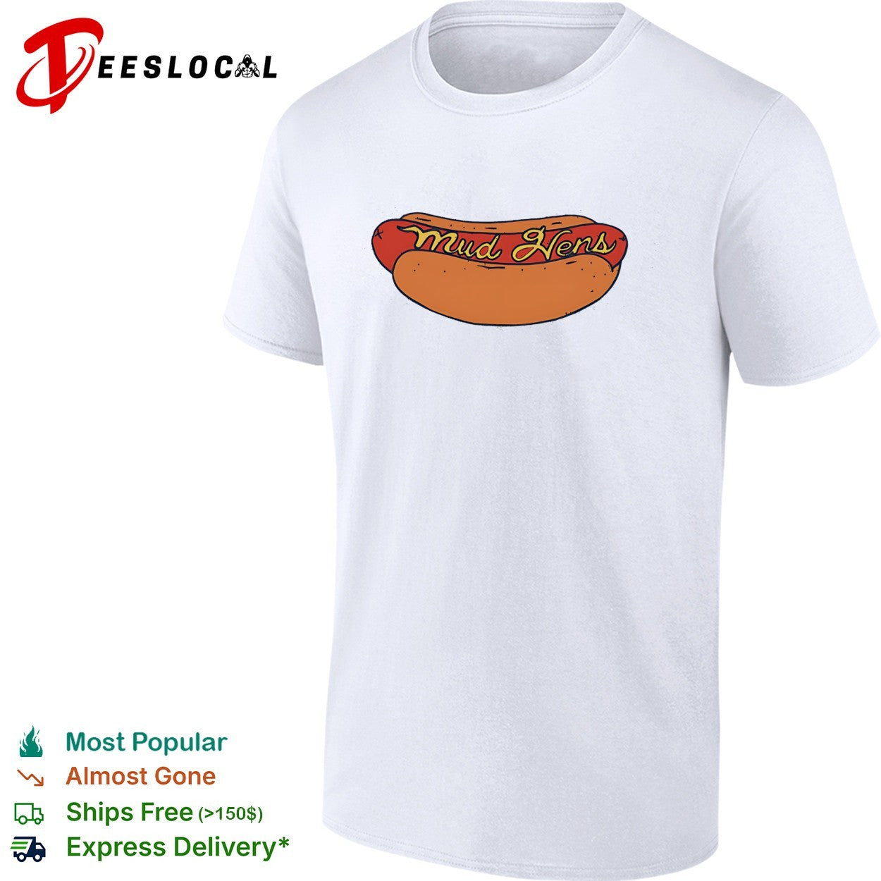 Mud Hens footlong hot dog cursive lettering baseball team mascot badge logo shirt