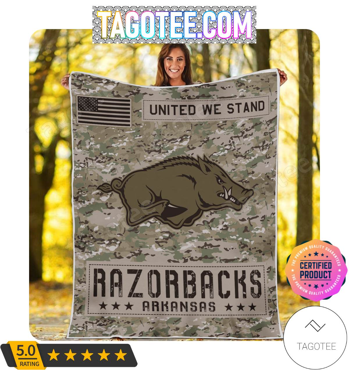NCAA Arkansas Razorbacks United We Stand Camo Blanket