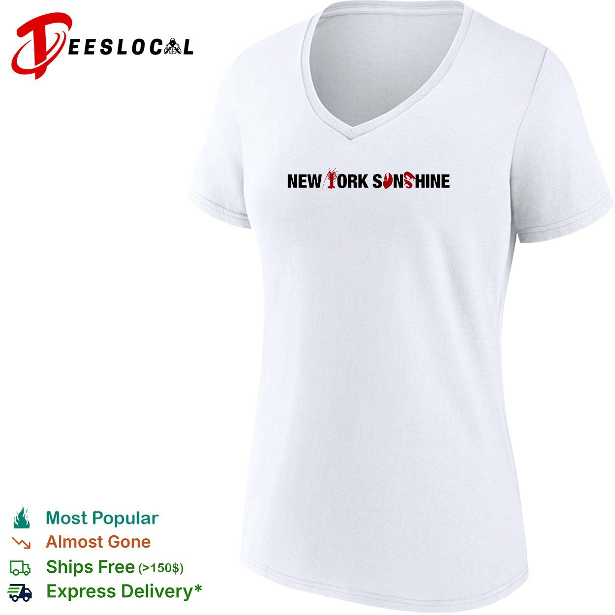 New York Sunshine bold wordmark logo with lobster claw replacing a letter shirt
