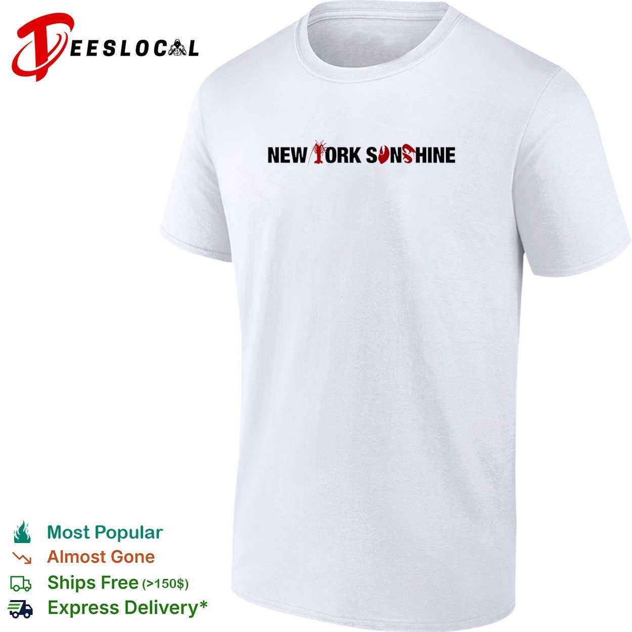 New York Sunshine bold wordmark logo with lobster claw replacing a letter shirt