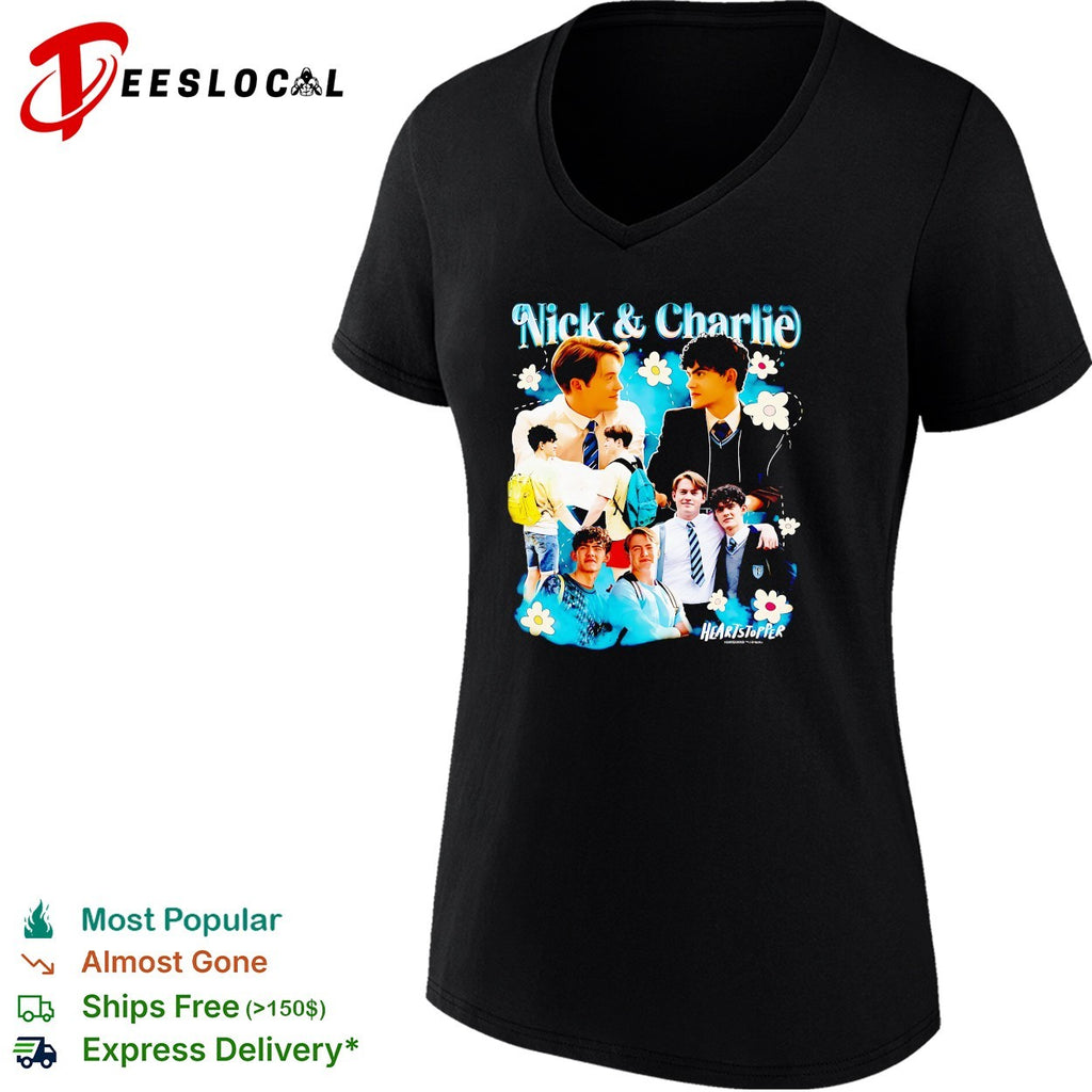 Nick and Charlie Heartstopper photo collage cast portrait floral fan art shirt