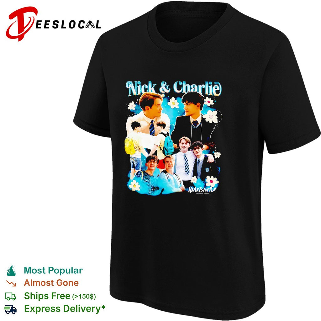 Nick and Charlie Heartstopper photo collage cast portrait floral fan art shirt