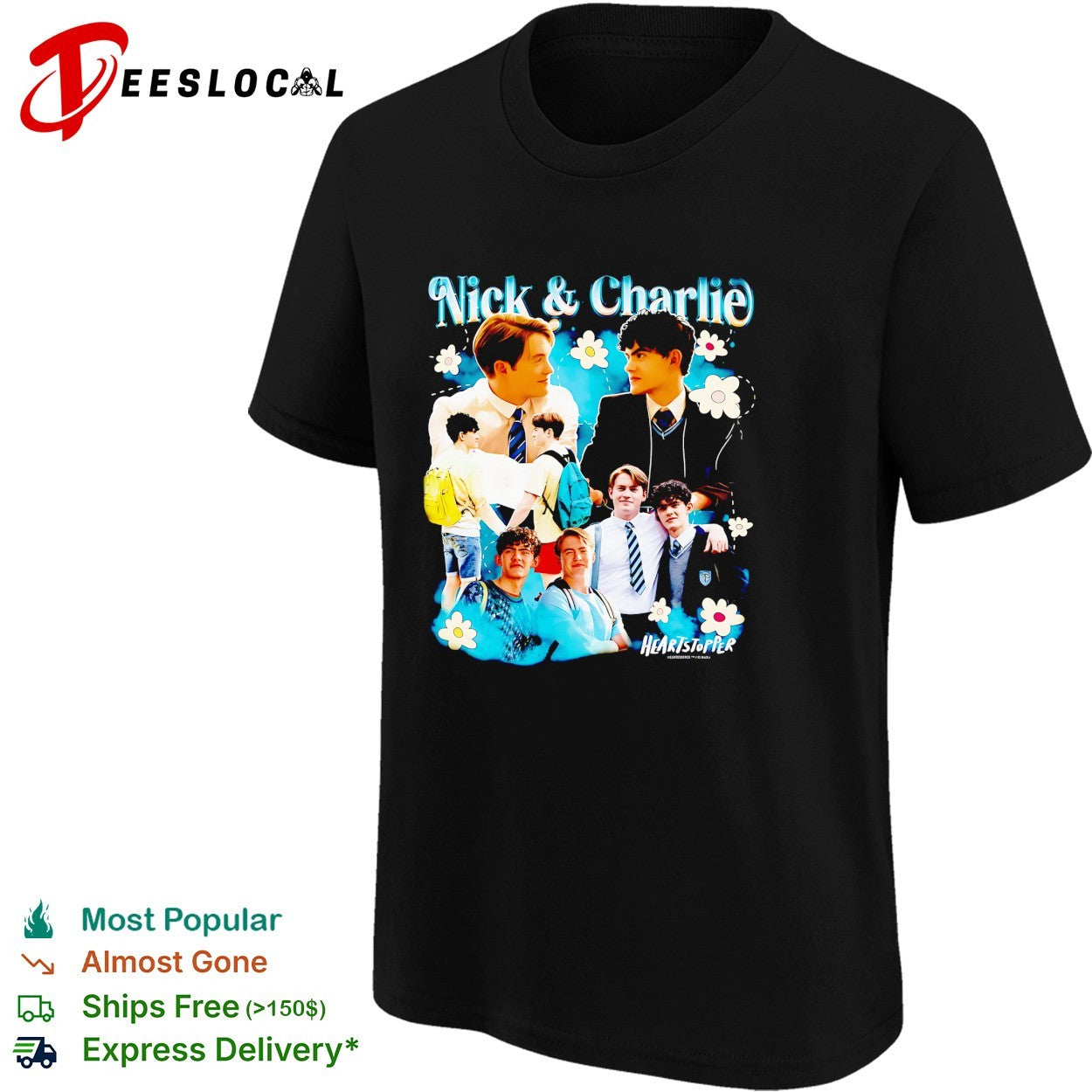 Nick and Charlie Heartstopper photo collage cast portrait floral fan art shirt