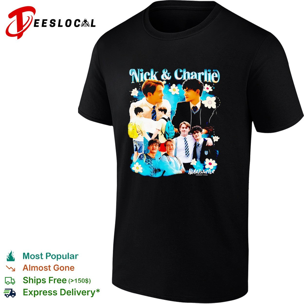 Nick and Charlie Heartstopper photo collage cast portrait floral fan art shirt