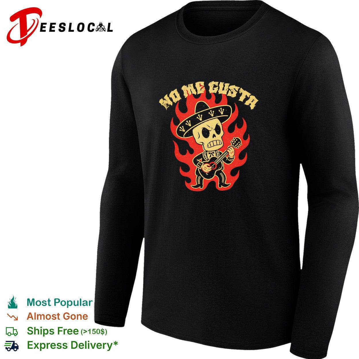 No me gusta skeleton mariachi guitar flames shirt