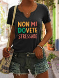 Non Mi Dovete Stressare Letter Print T-Shirt for Women, Trendy Casual Summer V-Neck Top, Fitted Short Sleeve Fashion Wear
