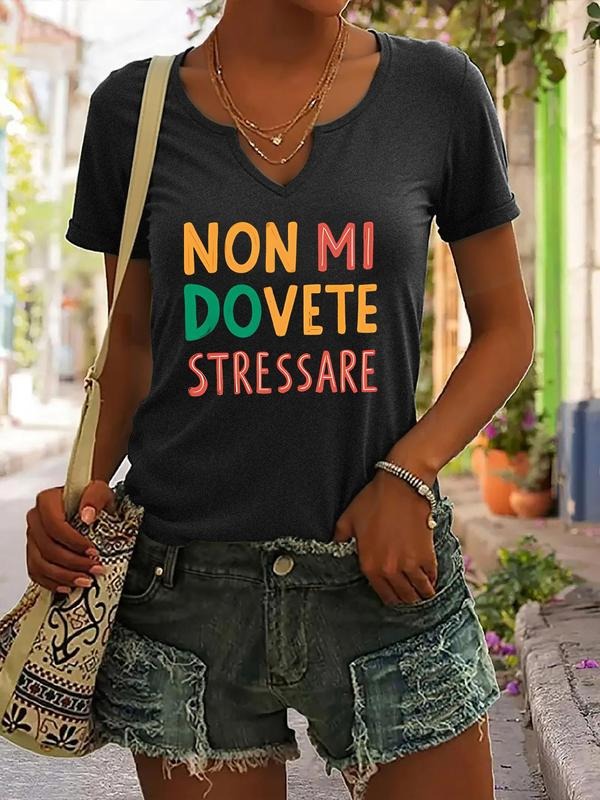 Non Mi Dovete Stressare Letter Print T-Shirt for Women, Trendy Casual Summer V-Neck Top, Fitted Short Sleeve Fashion Wear