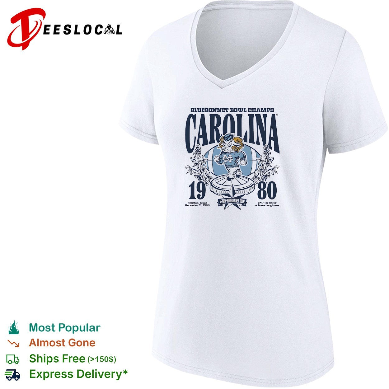 North Carolina Tar Heels Rameses mascot 1980 Bluebonnet Bowl champs shirt