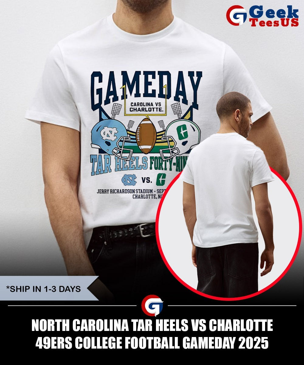 North Carolina Tar Heels vs Charlotte 49ers College Football Gameday 2025 helmet shirt