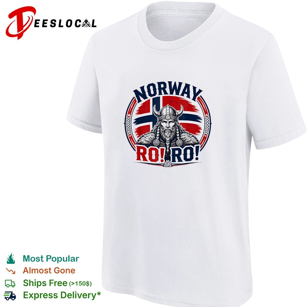 Norway Viking warrior with braided beard standing before flag circle badge ro ro shirt