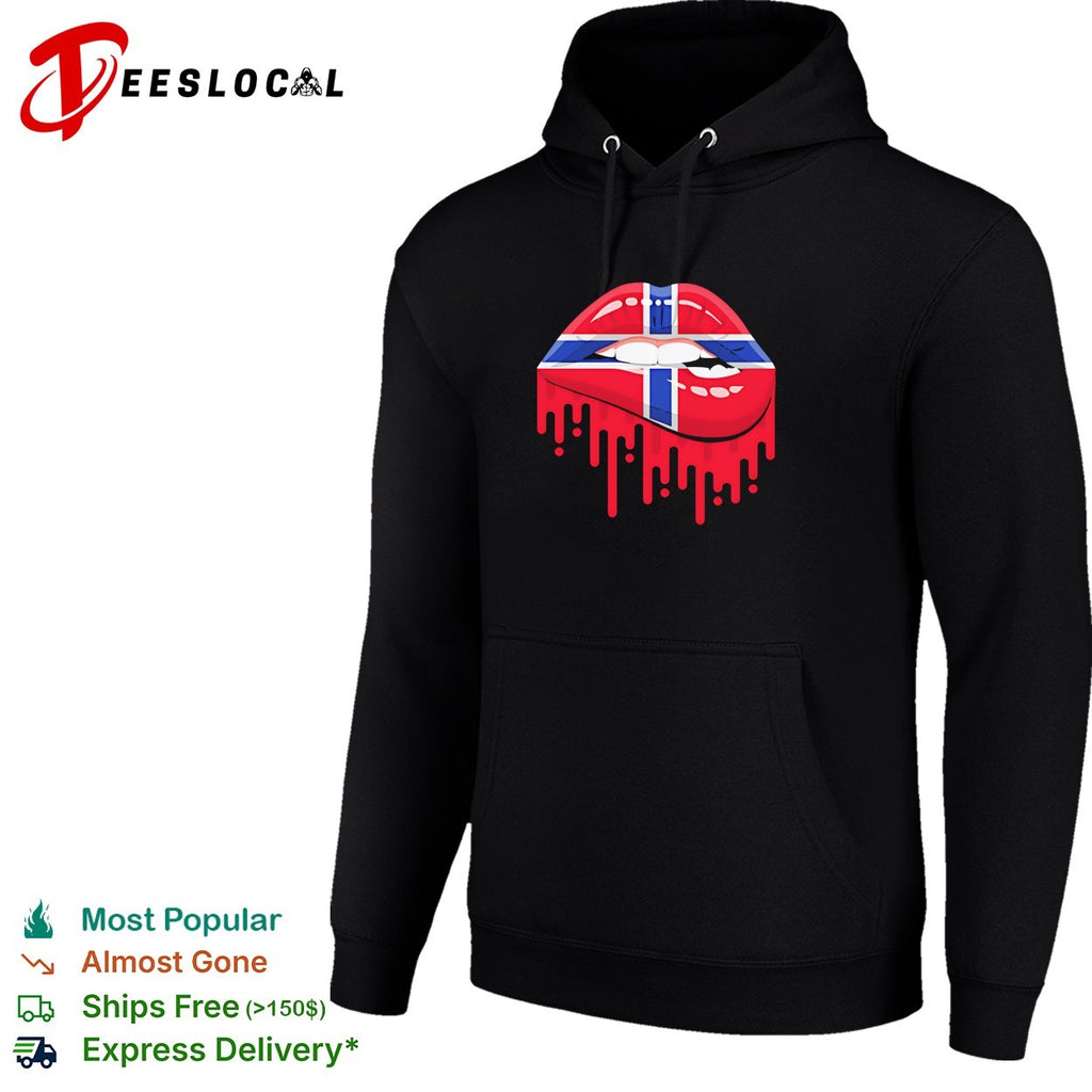 Norway flag pattern lips biting down and dripping blood drops graphic shirt