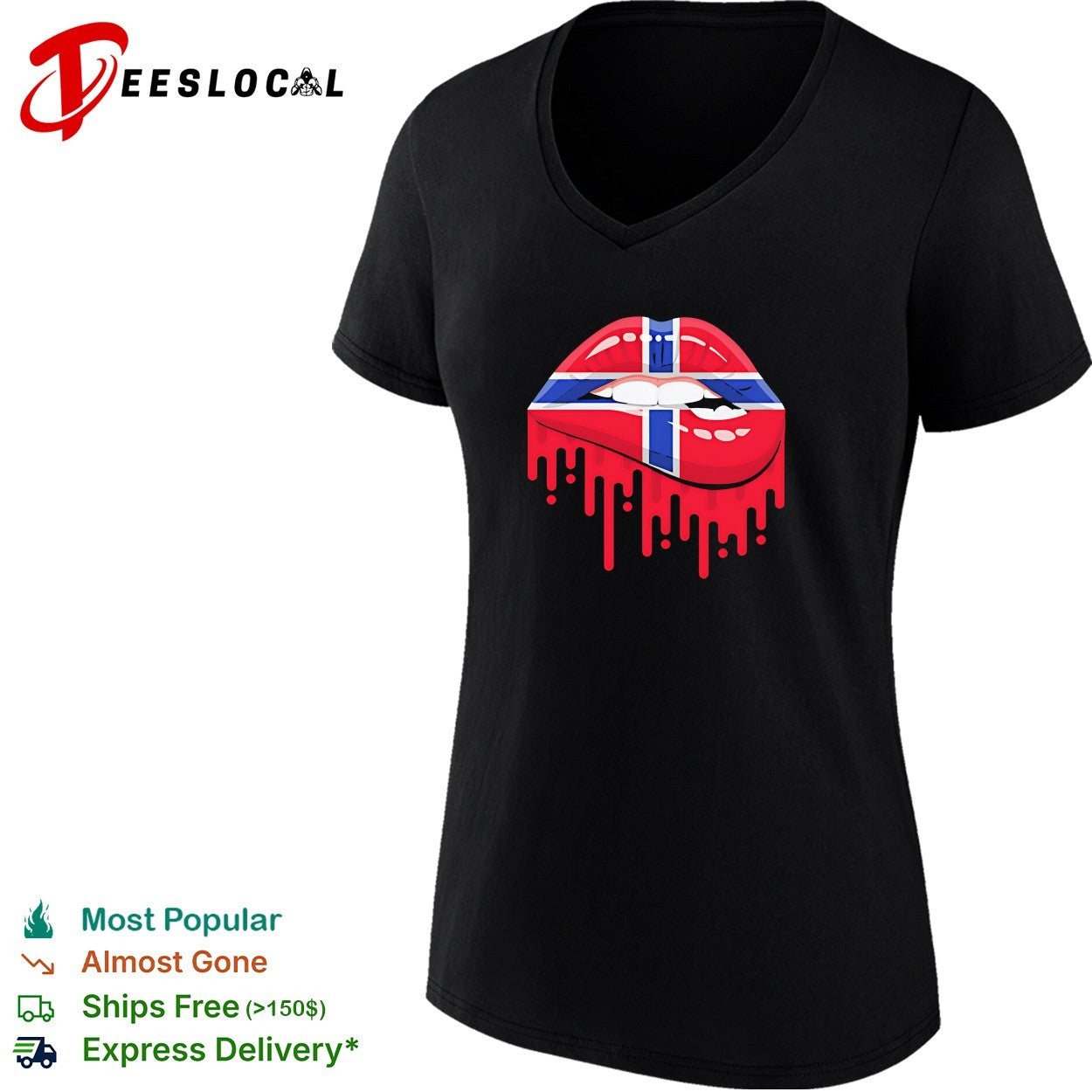 Norway flag pattern lips biting down and dripping blood drops graphic shirt