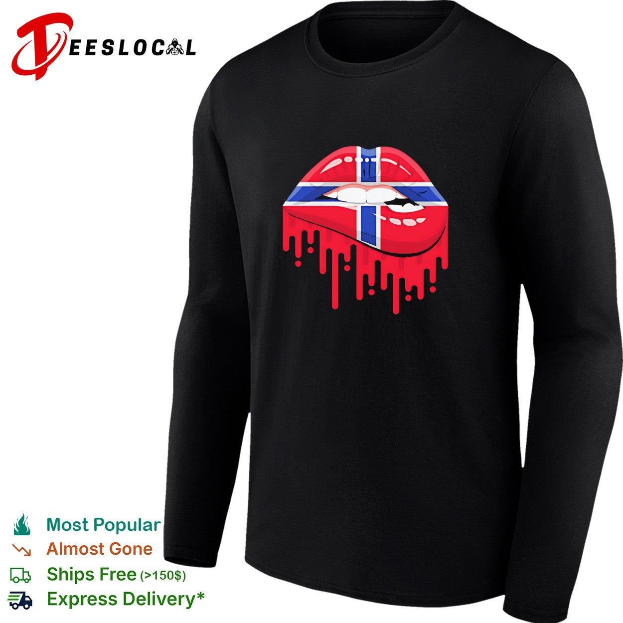 Norway flag pattern lips biting down and dripping blood drops graphic shirt