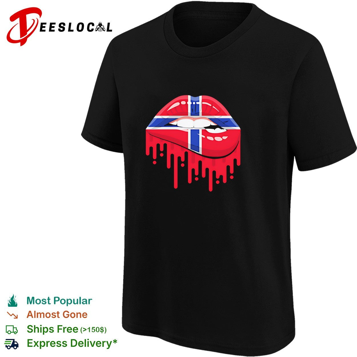Norway flag pattern lips biting down and dripping blood drops graphic shirt