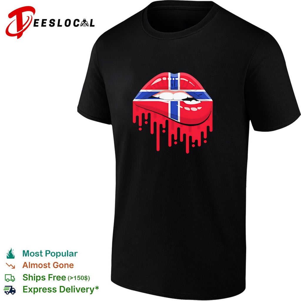 Norway flag pattern lips biting down and dripping blood drops graphic shirt