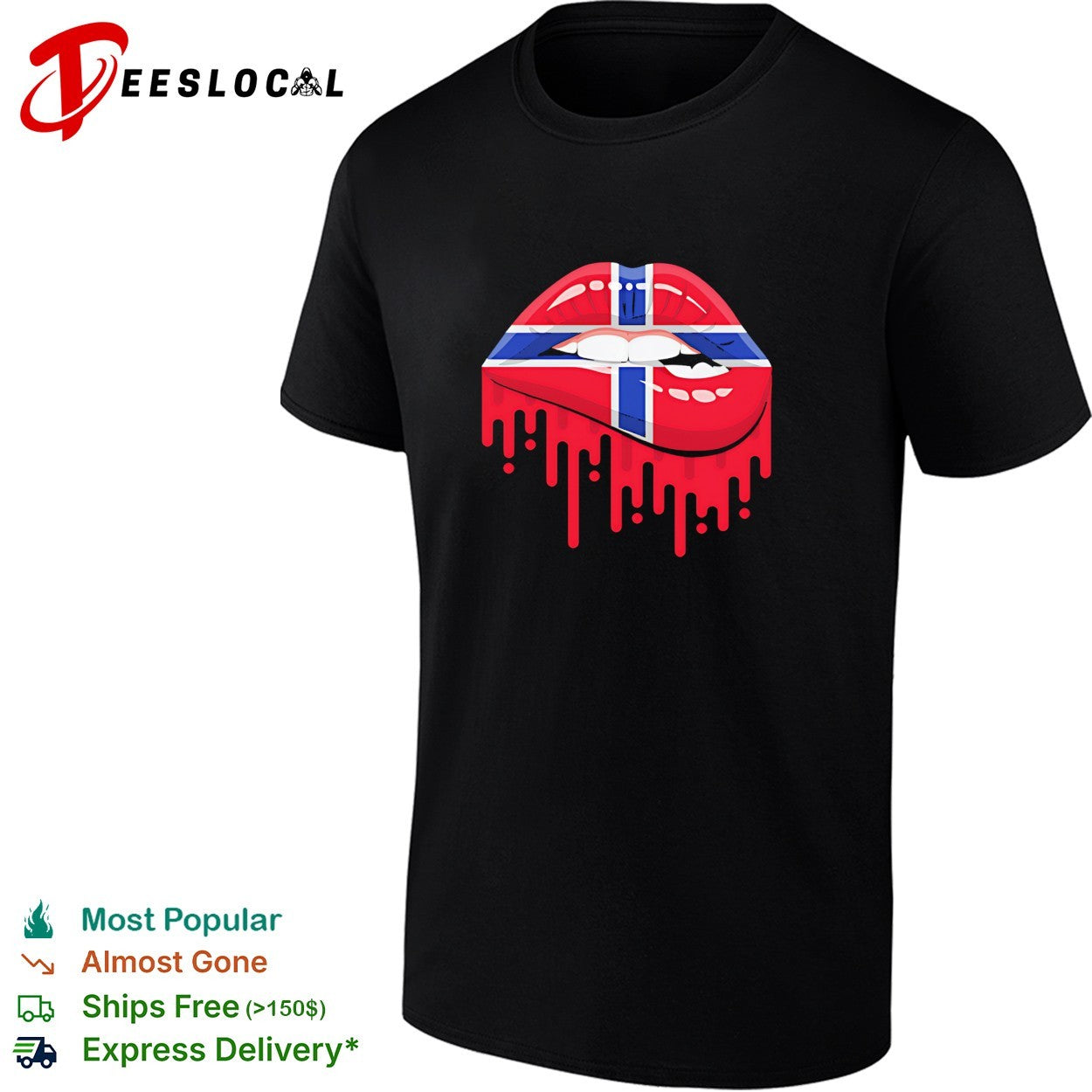 Norway flag pattern lips biting down and dripping blood drops graphic shirt