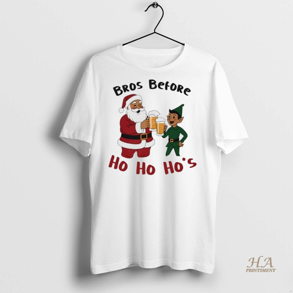 Official Bros Before Ho Ho Hos Santa And An Elf With Beer Christmas Shirt