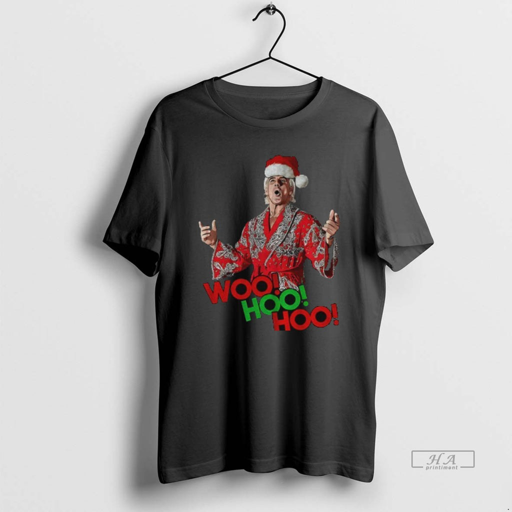 Official Woo Hoo Hoo Black Christmas Tee With Wrestling Legend Rick Flair In Santa Hat