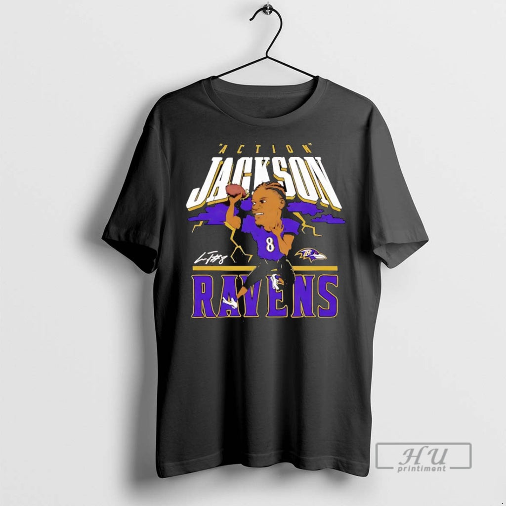 Officials Trending Lamar Jackson Action Caricature Baltimore Ravens Graphic Tee Shirt Sweatshirt Hoodies