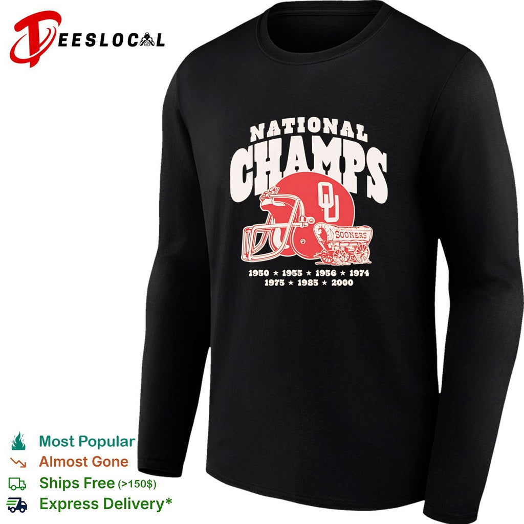 Oklahoma Sooners national champs helmet and Sooner Schooner wagon shirt