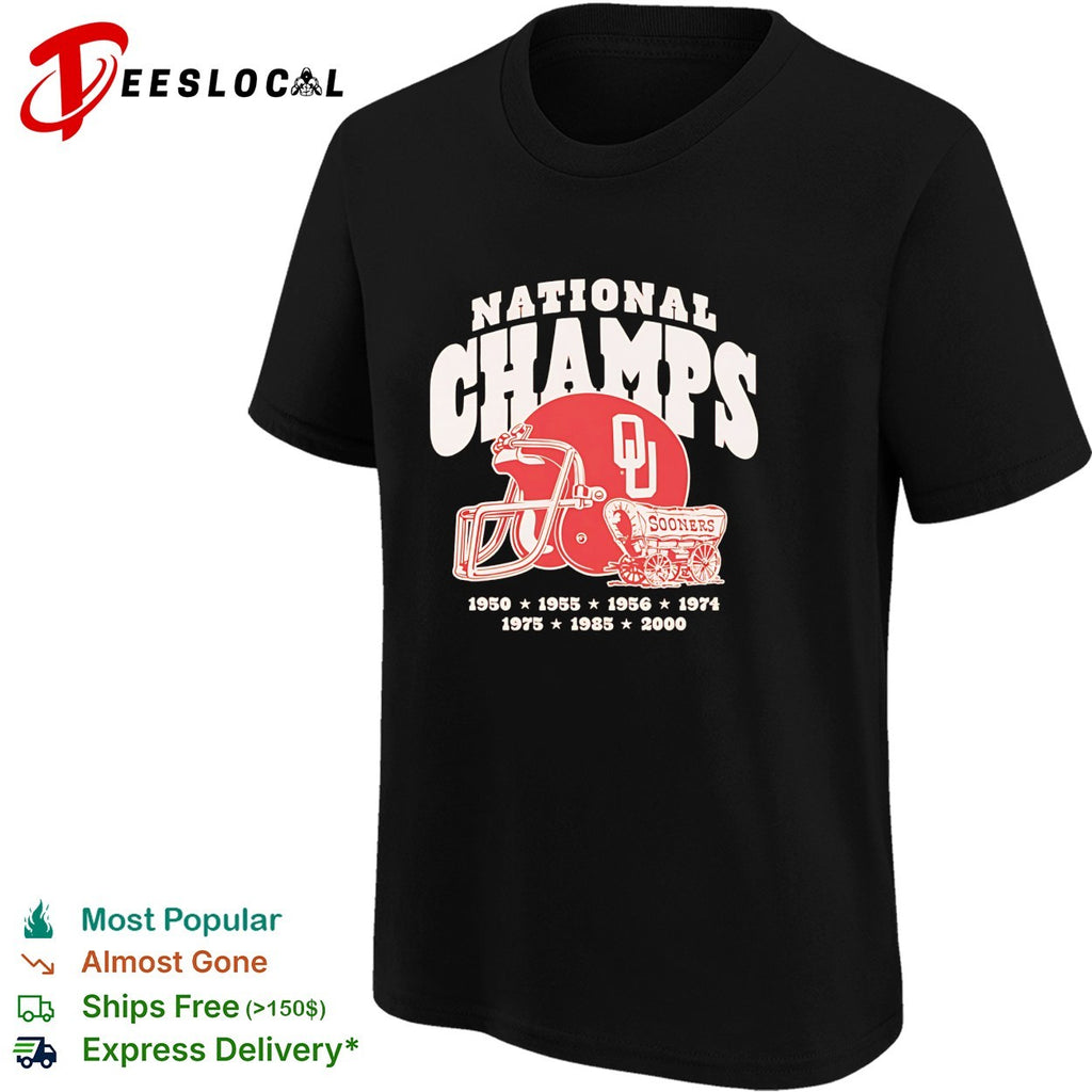 Oklahoma Sooners national champs helmet and Sooner Schooner wagon shirt