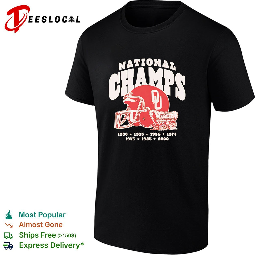 Oklahoma Sooners national champs helmet and Sooner Schooner wagon shirt