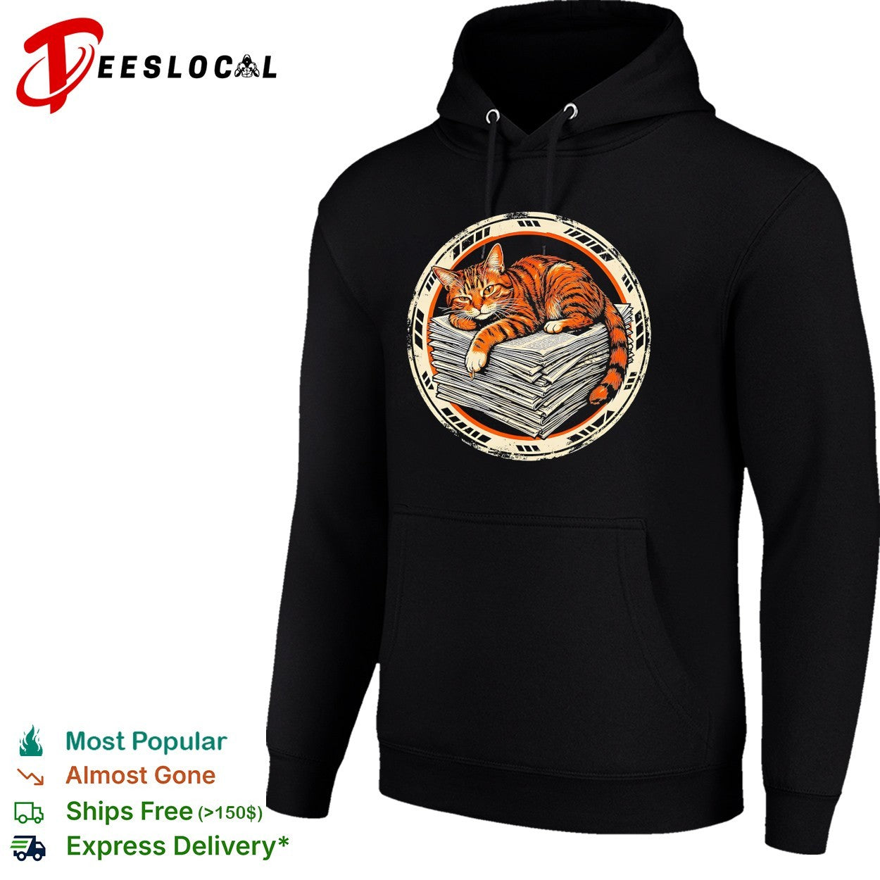 Orange cat sleeping on newspapers circle badge shirt