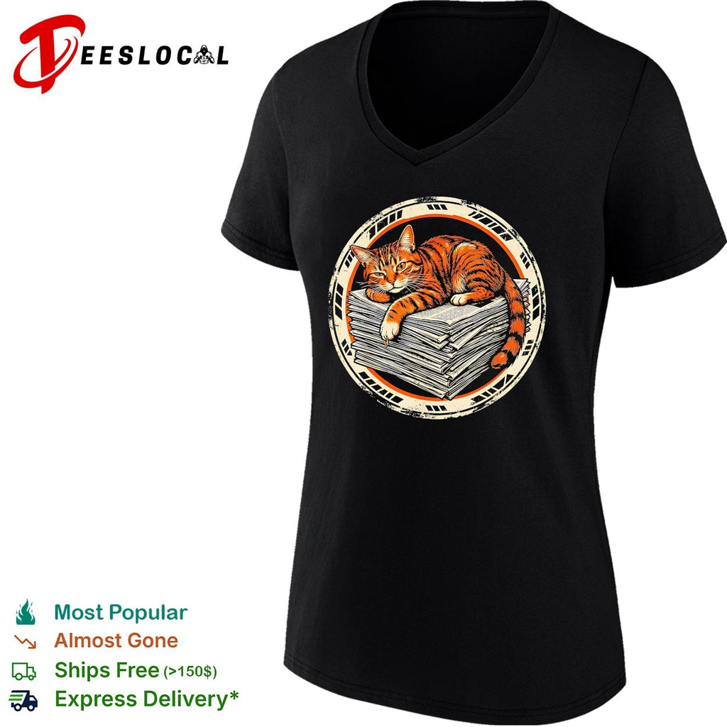 Orange cat sleeping on newspapers circle badge shirt