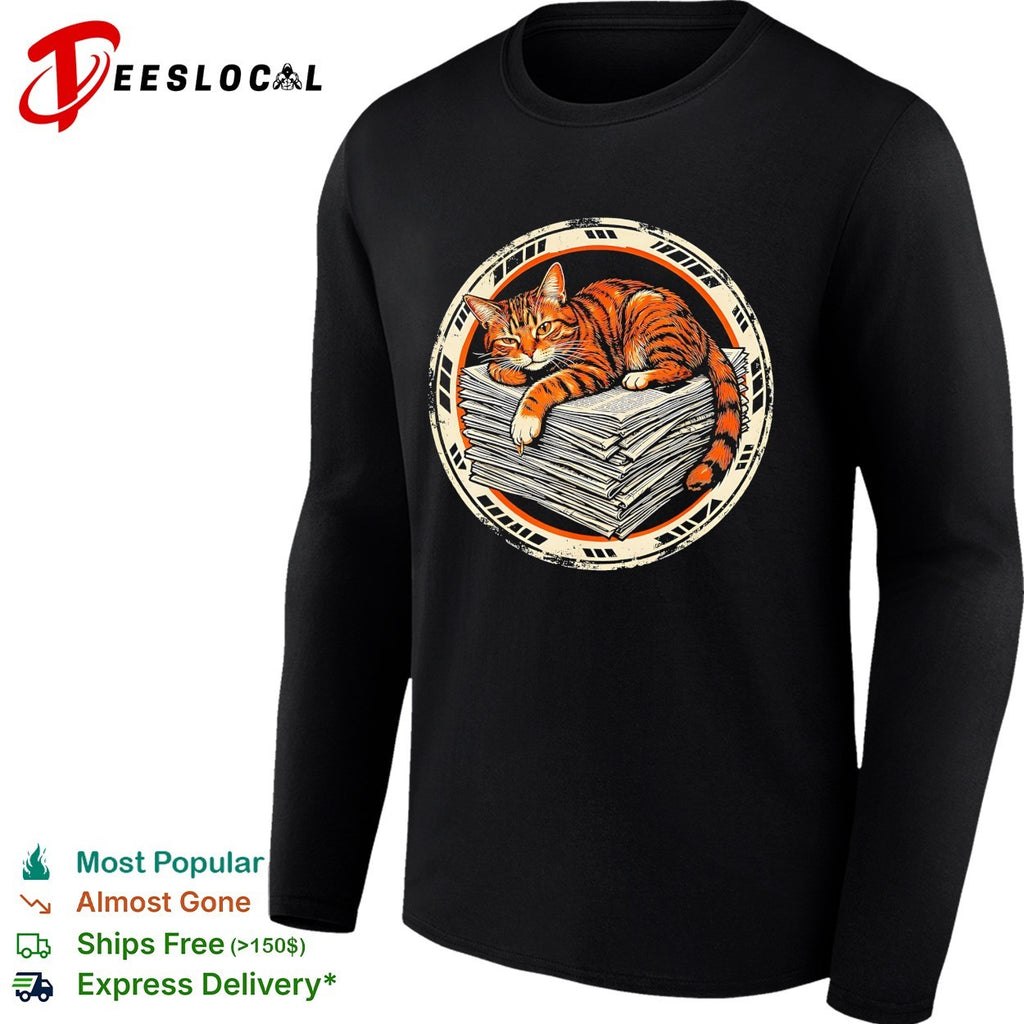 Orange cat sleeping on newspapers circle badge shirt